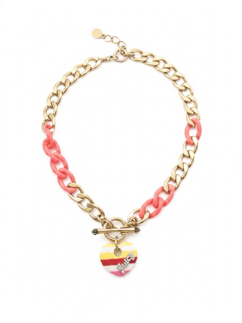 Juicy Couture Gold and Coral Chain Choker with Striped Heart Charm HTF